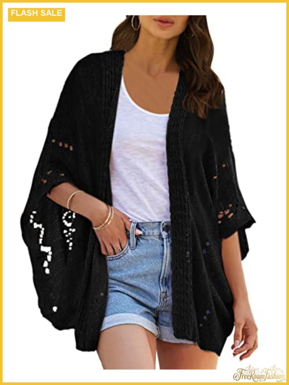 Crochet Knit Cardigan, Open Front, Batwing Sleeve, Lightweight Sweater, Boho